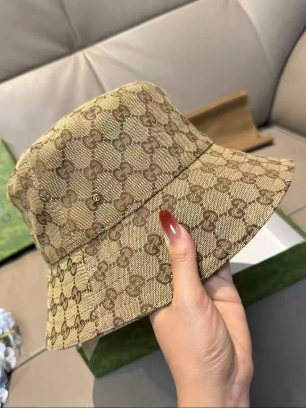 Gucci Beige GG Monogram Bucket Hat Canvas Sun Hat